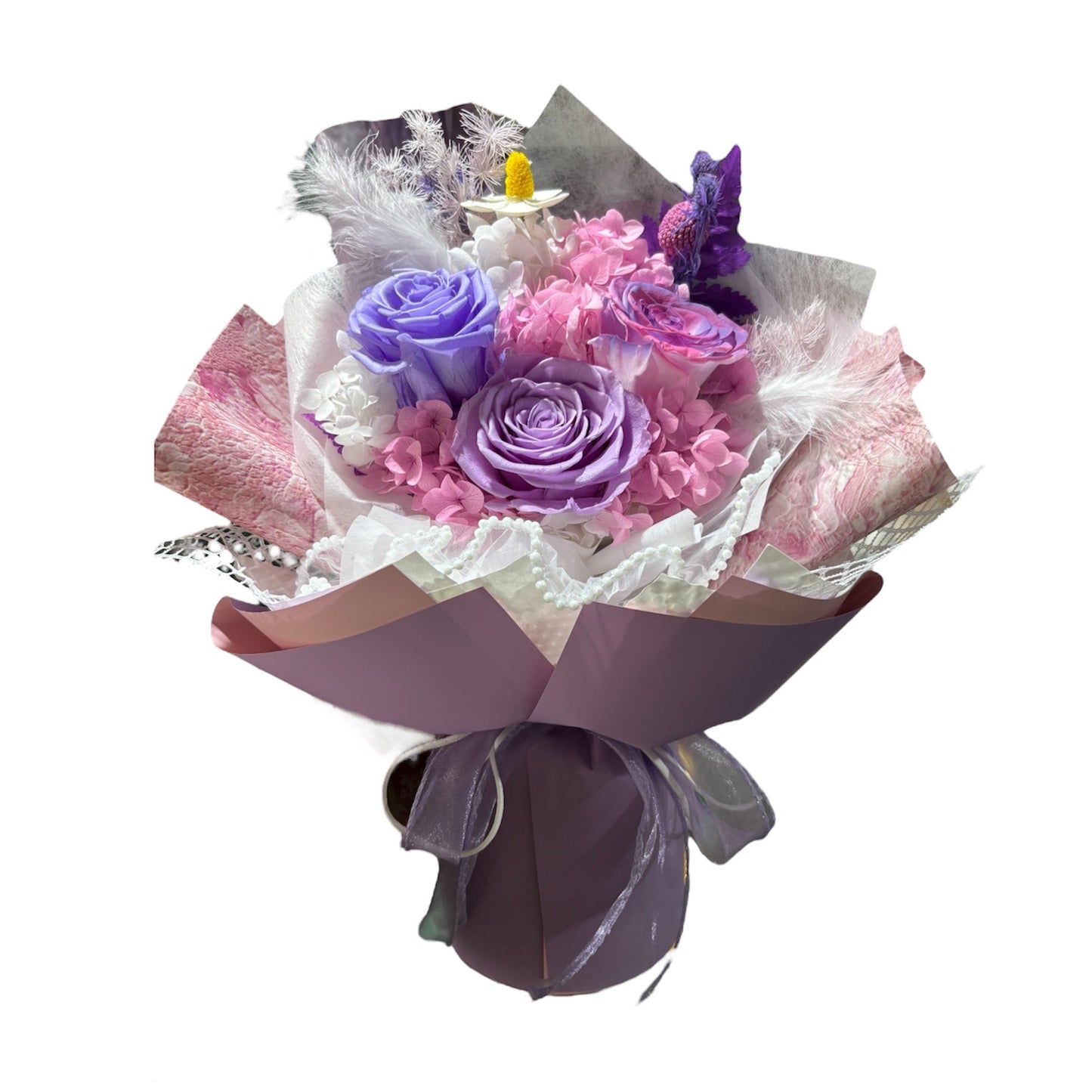 Preserved Bouquet w Gift Bag Purple Pink
