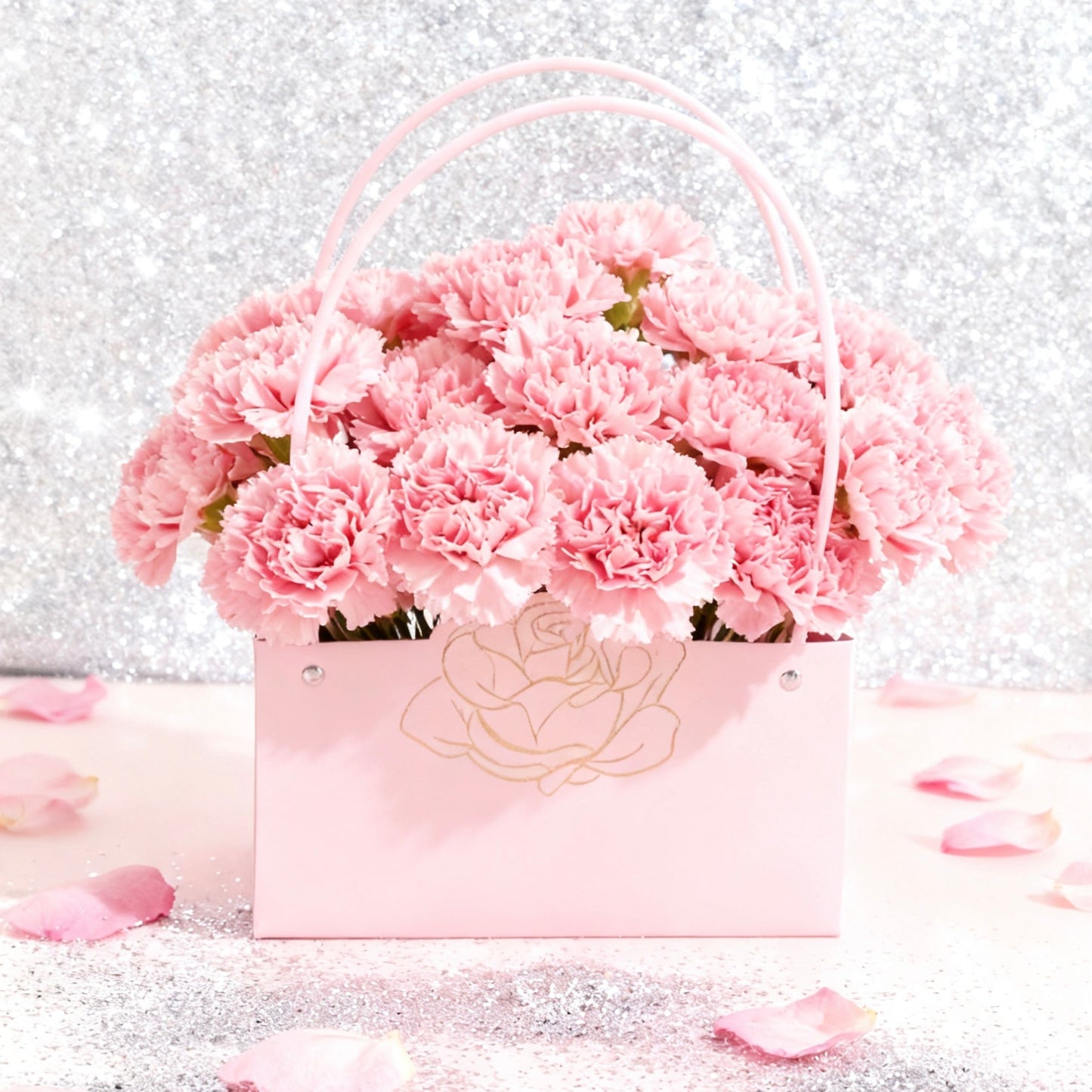 Rose Foil-Stamped Flower Bag Pink (22x11x14cmH) Pk5