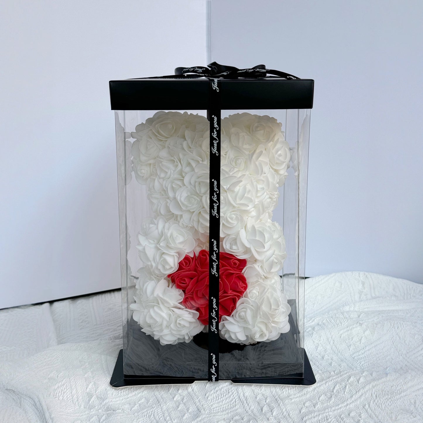 Rose Bear w Heart White (25cmH)