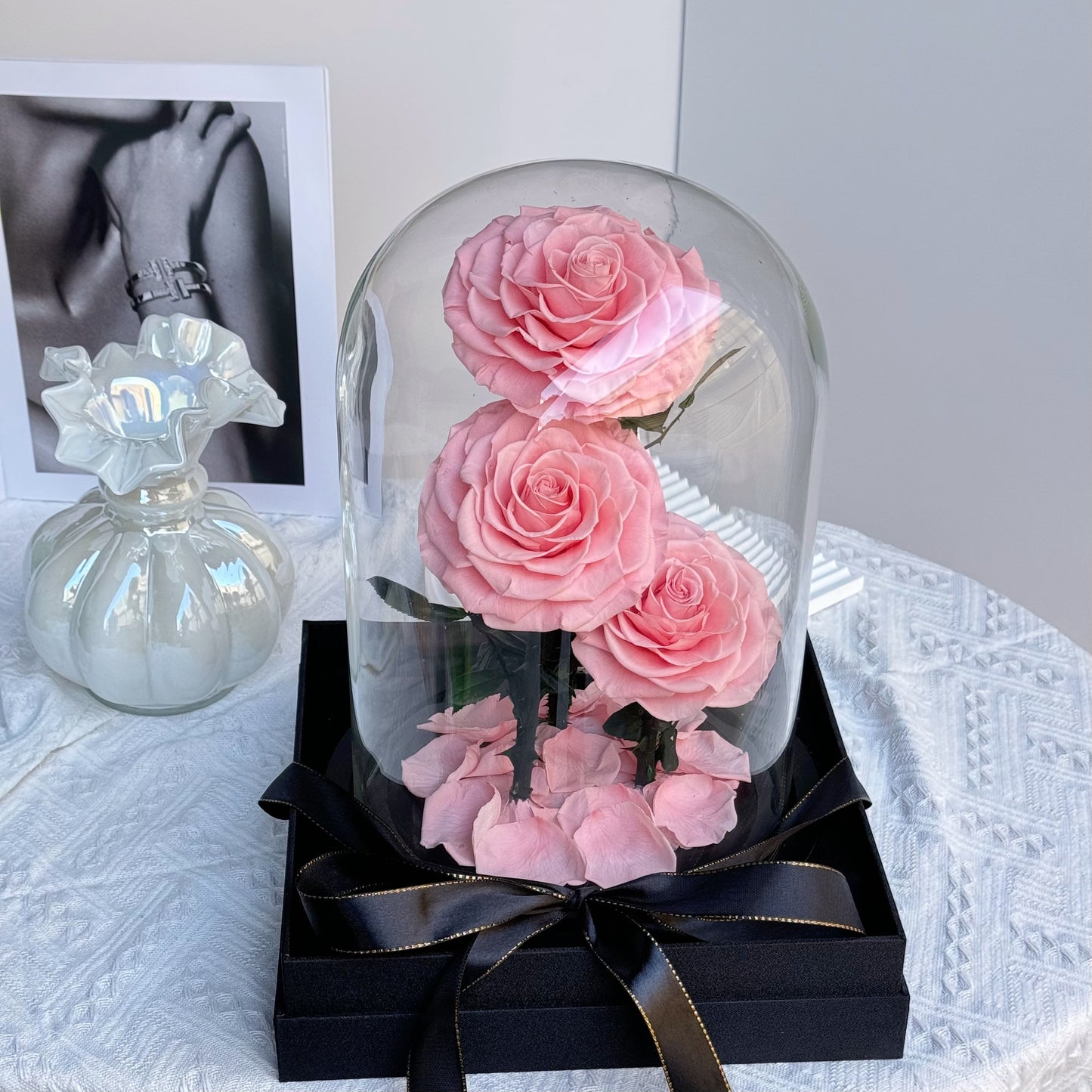 Super Large 3 heads Rose Dome Pink Gift