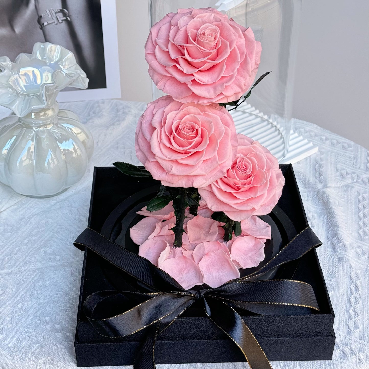 Super Large 3 heads Rose Dome Pink Gift