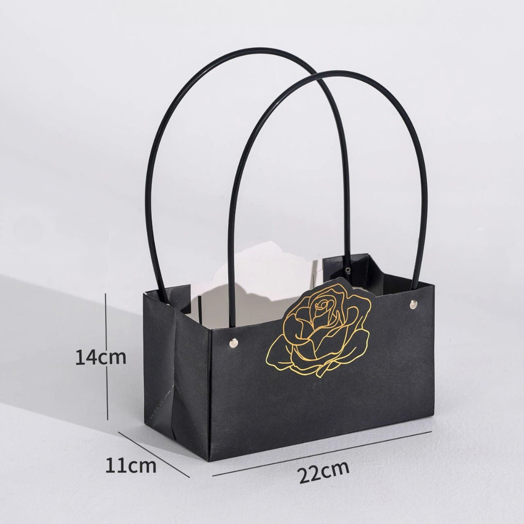 Rose Foil-Stamped Flower Bag Black (22x11x14cmH) Pk5