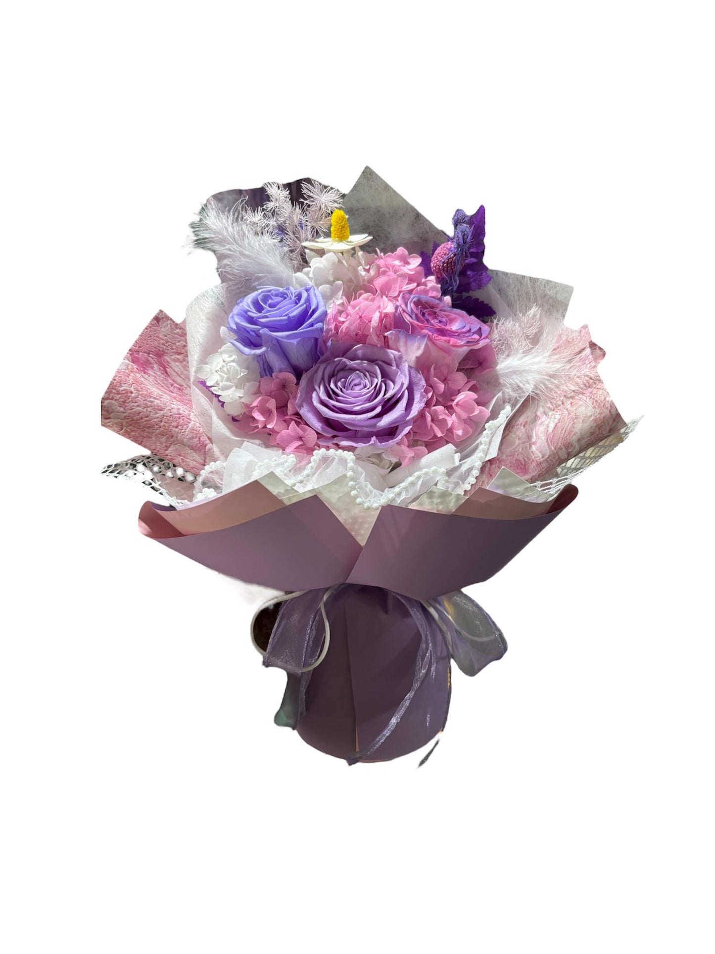 Preserved Bouquet w Gift Bag Purple Pink