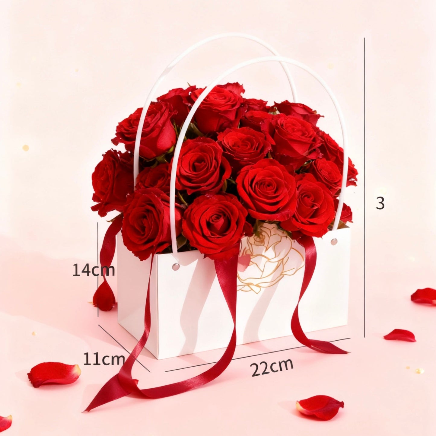 Rose Foil-Stamped Flower Bag White (22x11x14cmH) Pk5