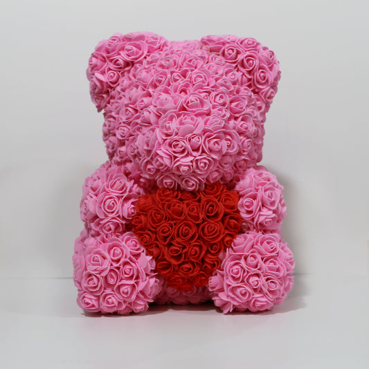 Rose Bear w Heart Pink (40cmH)